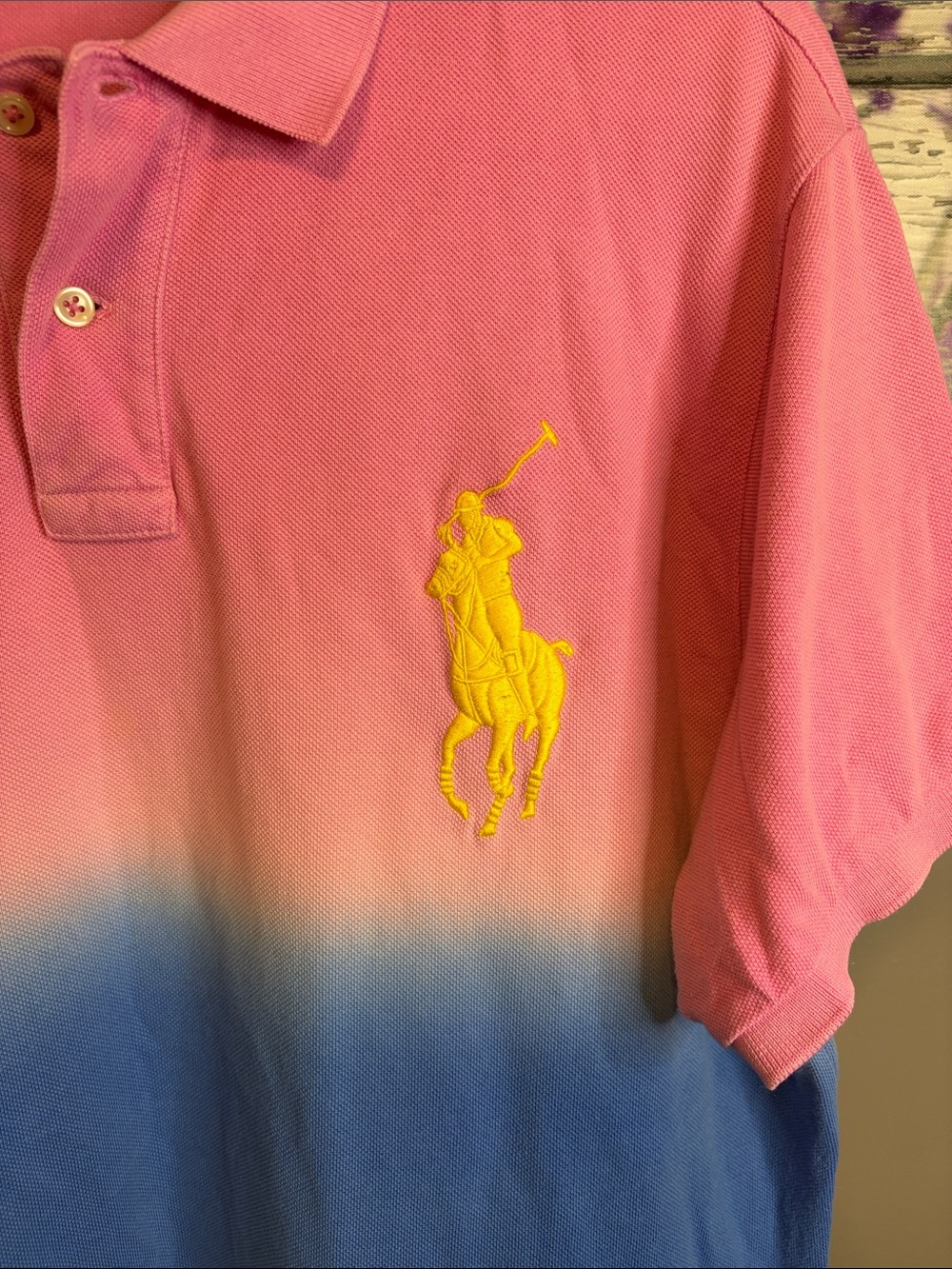 Polo by Ralph Lauren Pink, Blue & Green Ombre Dip Dyed Polo with Yellow Pony - Picture 2 of 4